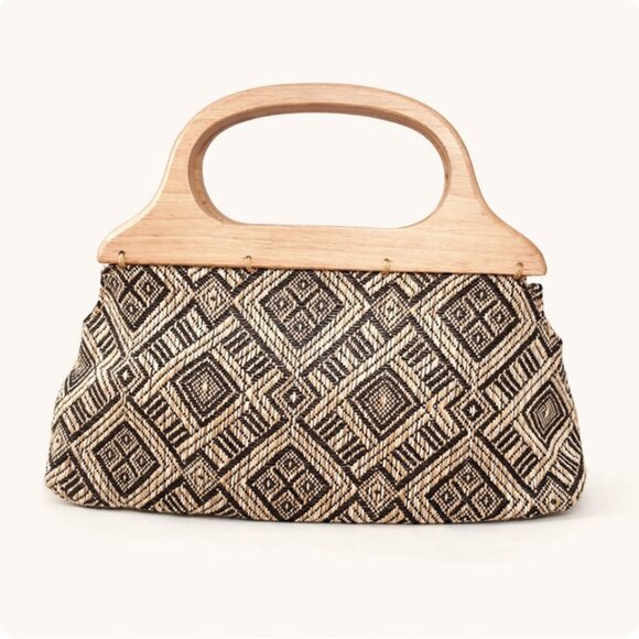 Vintage Handbags - Vintage Straw Bag | Boho Western Woven Clutch | Sculpted Wooden Handles